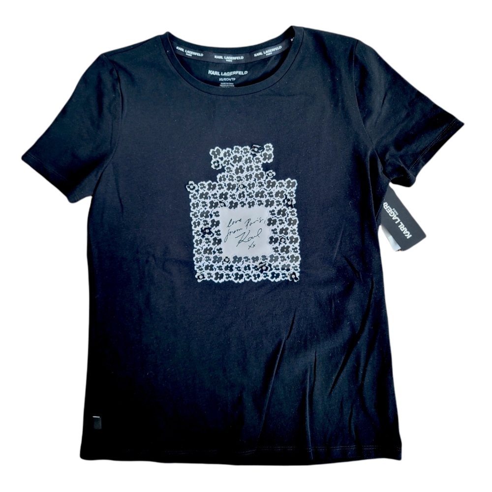 Nwt Karl Lagerfeld t shirt XS black Parfum bottle flower rhinestones 3d